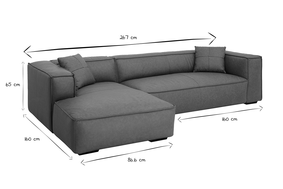 Sof de esquina izquierda vintage de 3-4 plazas en cuero marrn y madera negra COBAIN