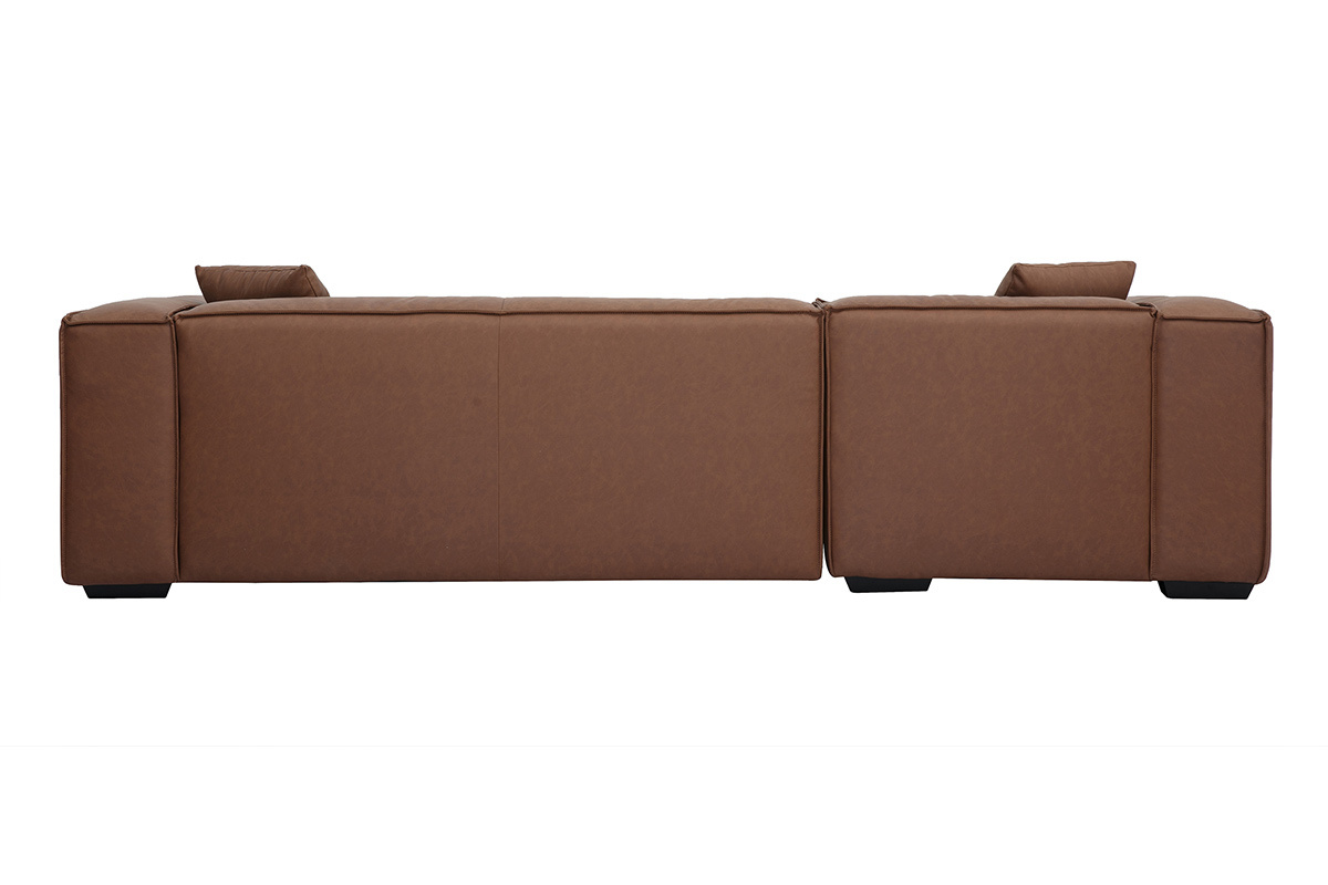 Sof de esquina izquierda vintage de 3-4 plazas en cuero marrn y madera negra COBAIN