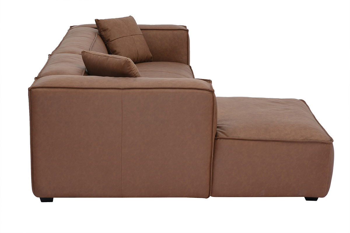 Sof de esquina izquierda vintage de 3-4 plazas en cuero marrn y madera negra COBAIN