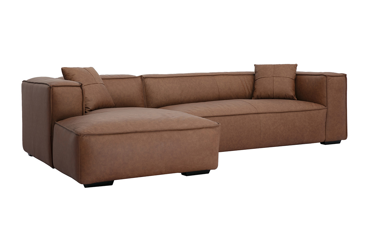 Sof de esquina izquierda vintage de 3-4 plazas en cuero marrn y madera negra COBAIN