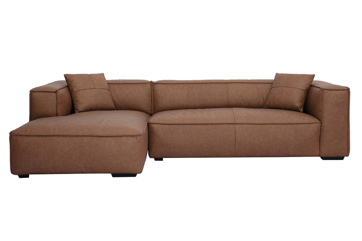 Sof de esquina izquierda vintage de 3-4 plazas en cuero marrn y madera negra COBAIN