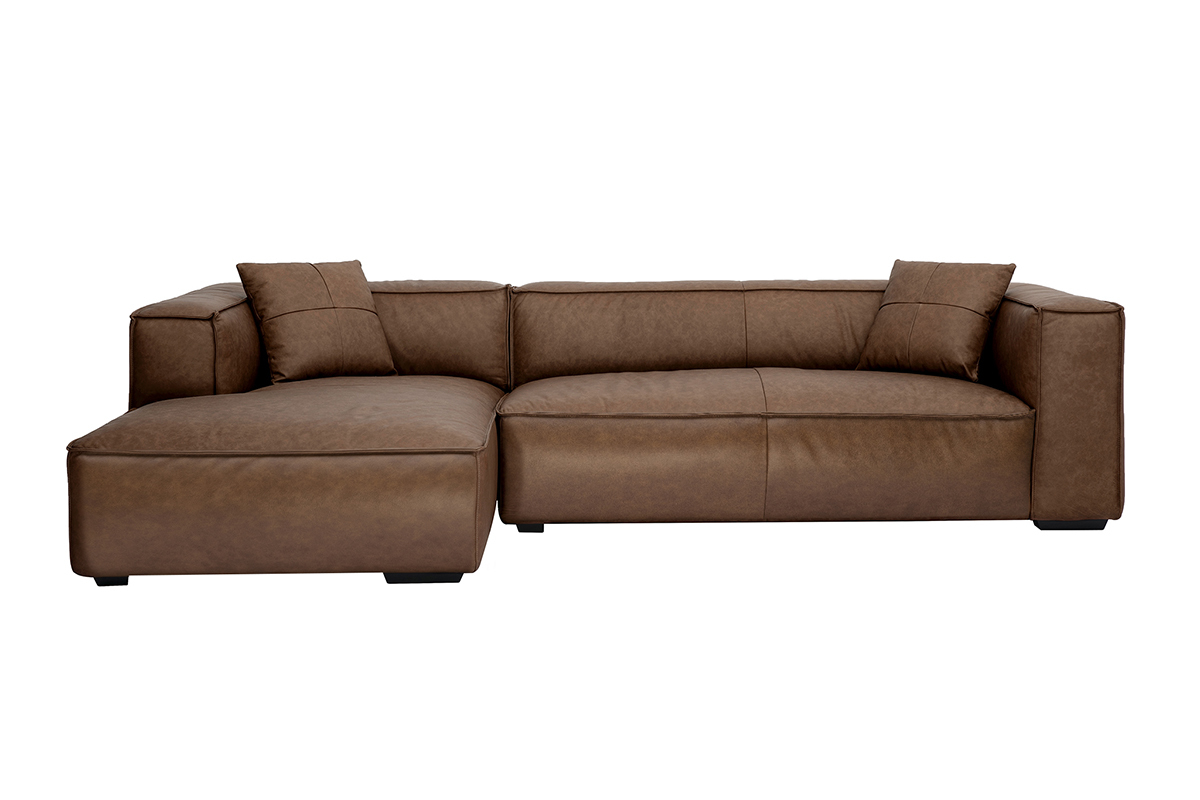 Sof de esquina izquierdo de 4-5 plazas en cuero marrn, vista frontal.