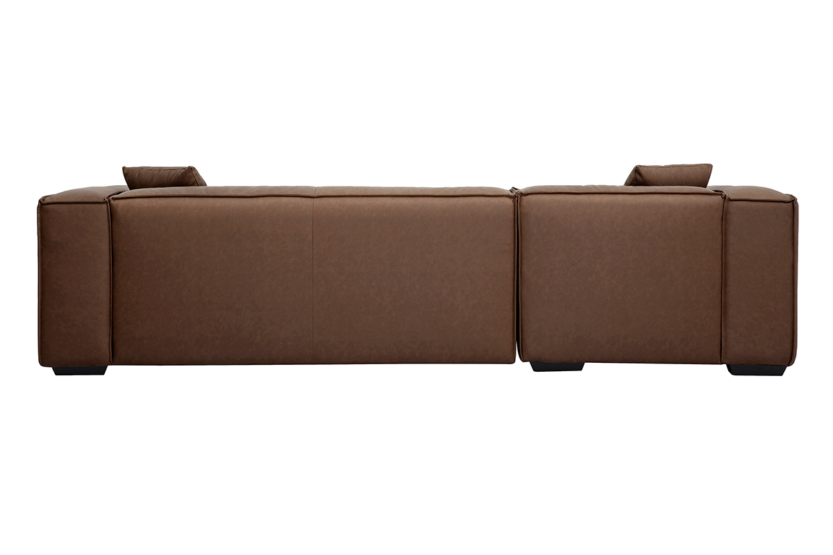 Sof de esquina de cuero marrn, vista trasera, 4-5 plazas sobre patas de madera negra.