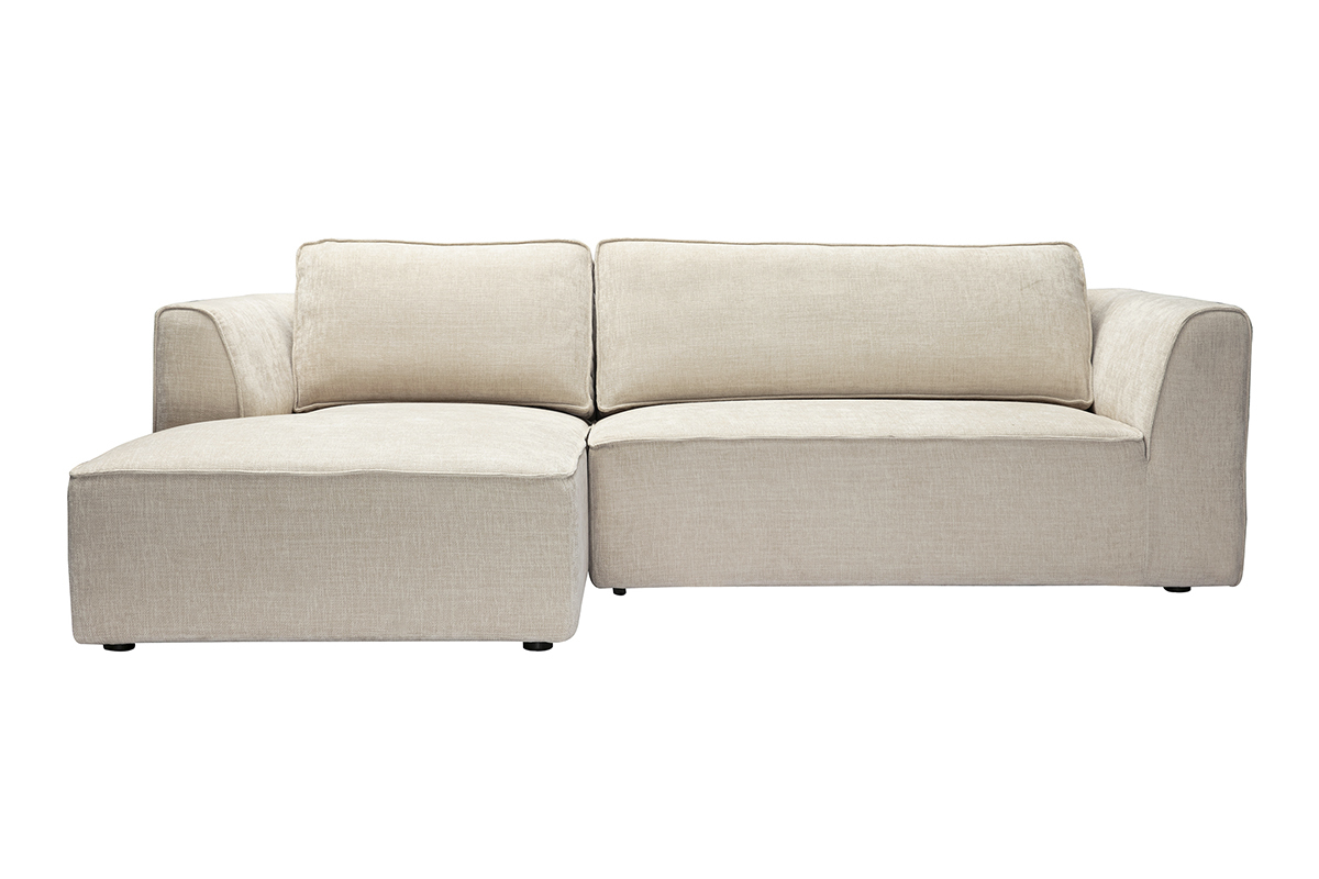 Sof� de esquina izquierda de tela efecto terciopelo beige, 3 plazas, vista frontal.