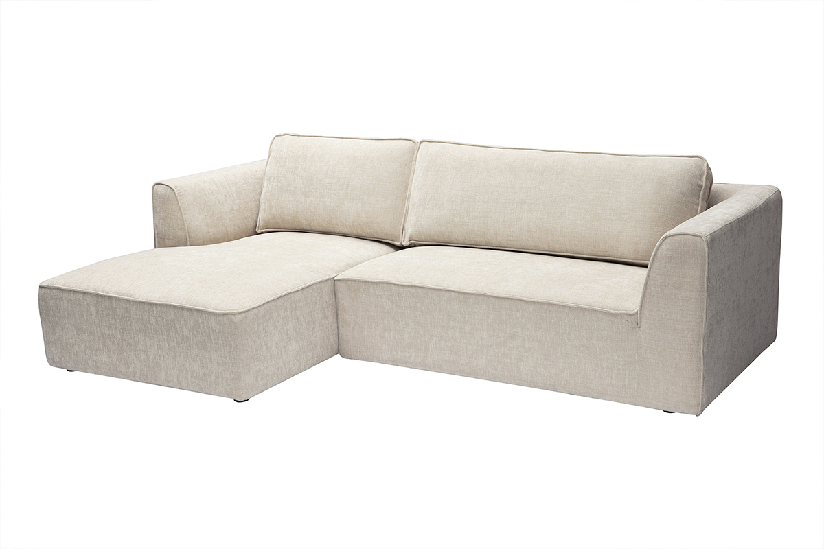 Sof� de esquina izquierdo beige en tela de terciopelo texturizado, 3 plazas, vista de 3/4.