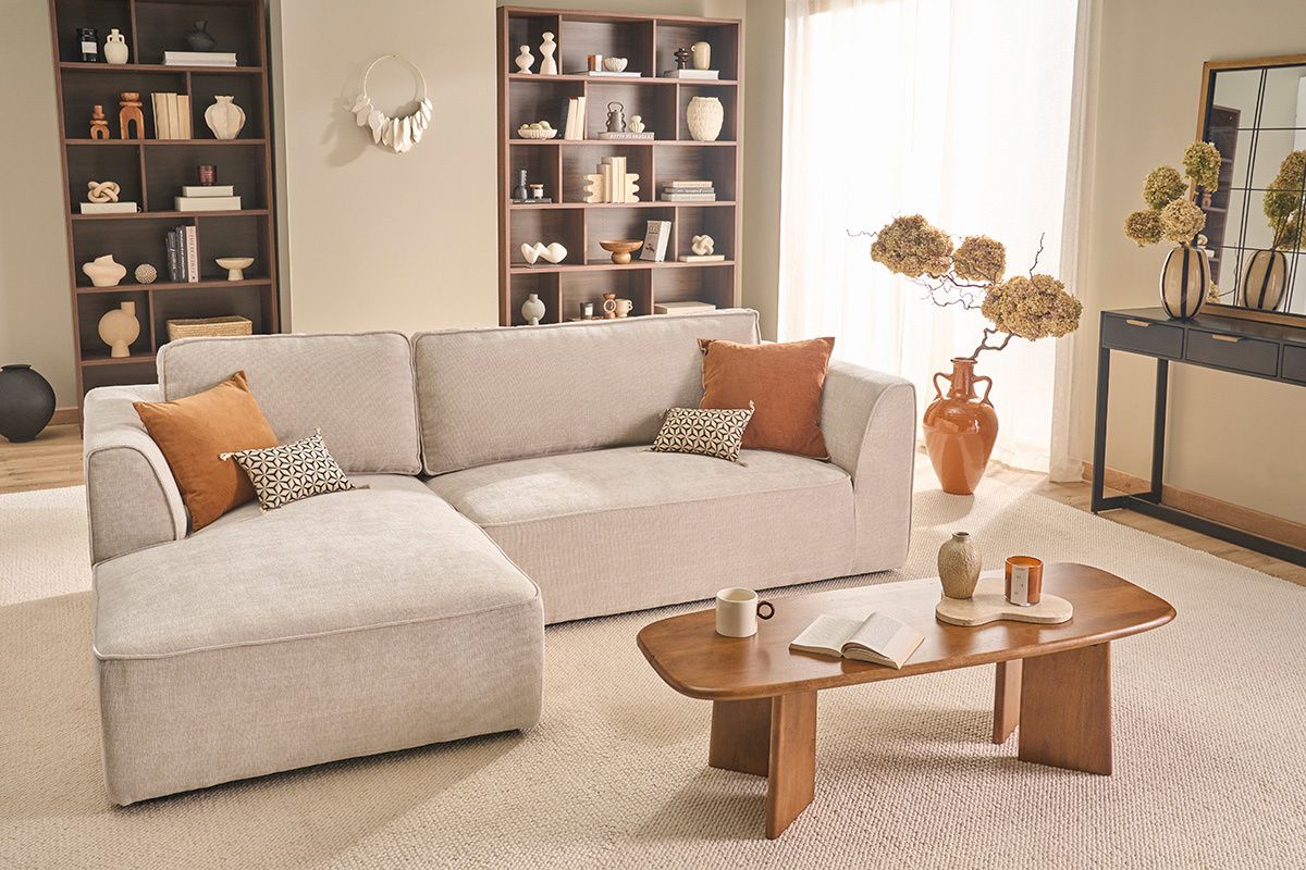 Sof� de esquina izquierdo de dise�o en tela efecto terciopelo texturizado beige 3 plazas GRAMMY