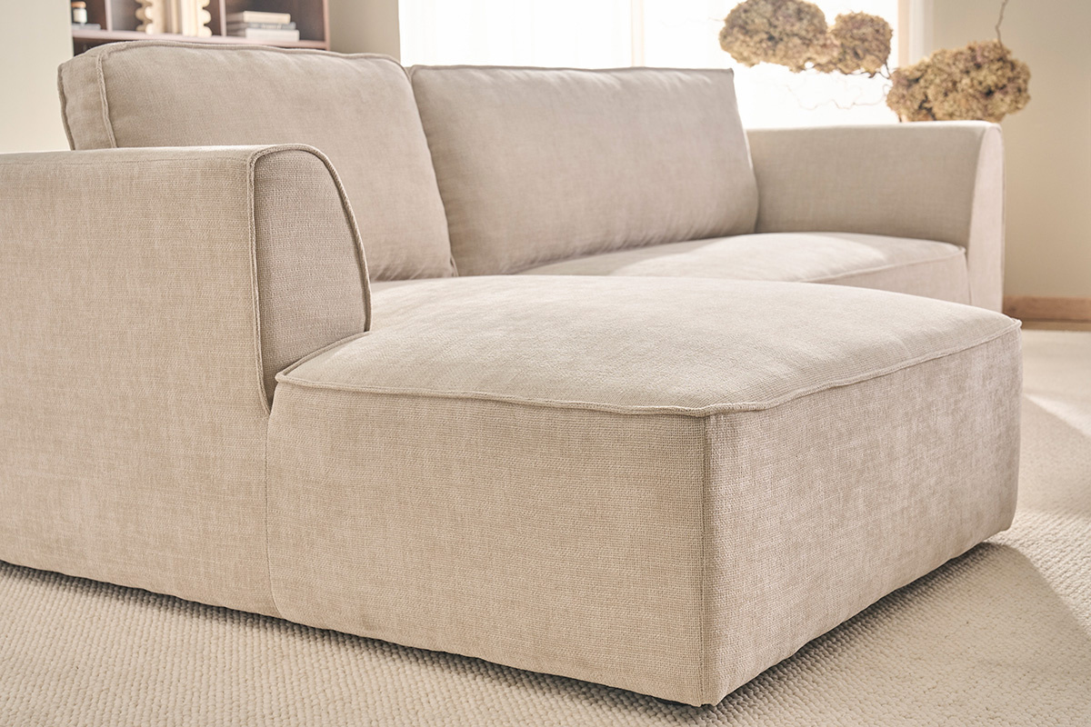 Sof� de esquina izquierdo de dise�o en tela efecto terciopelo texturizado beige 3 plazas GRAMMY