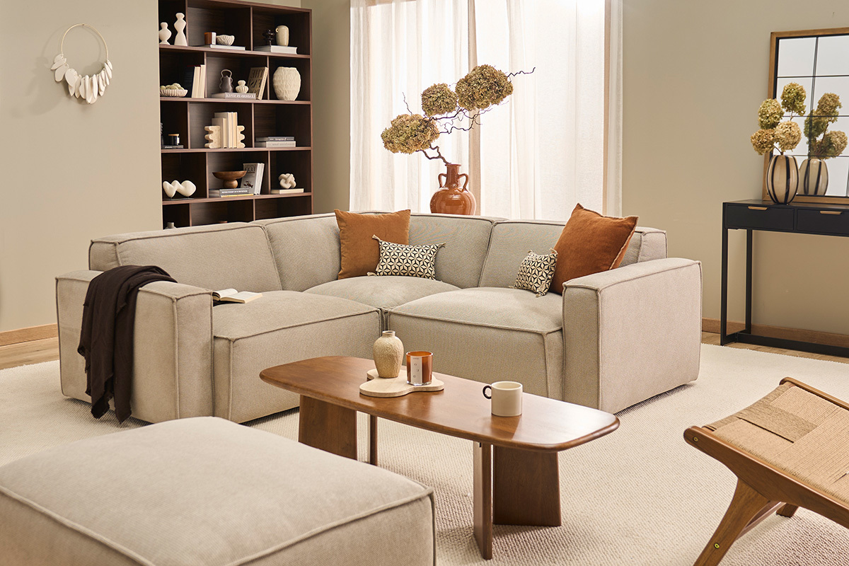 Sof� de esquina modular de 3 plazas en tela efecto terciopelo texturizado beige SPLIT