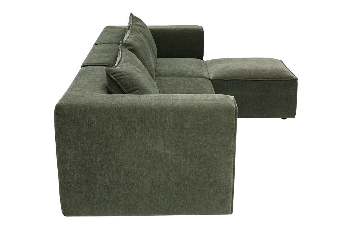 Sof� rinconero modular de 4 plazas en tejido con efecto terciopelo verde caqui, vista lateral.