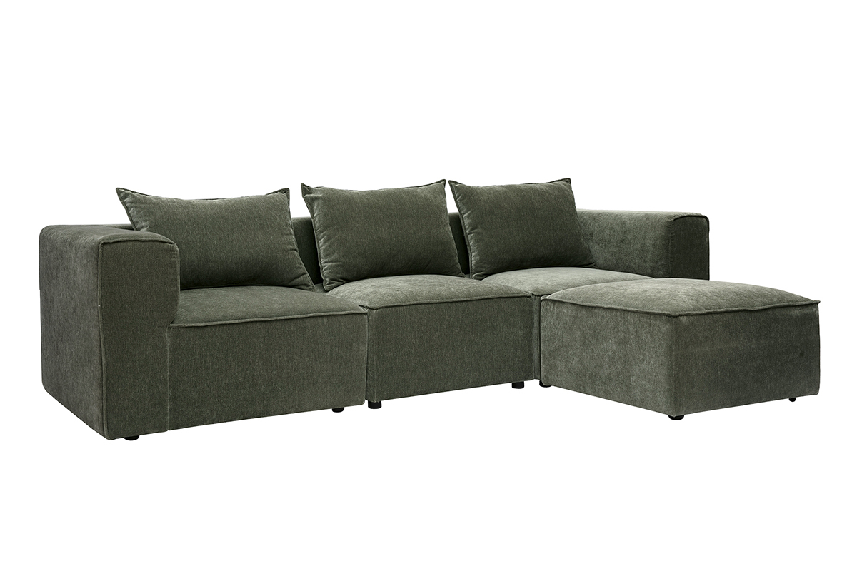 Sof� de esquina modular de 4 plazas en tejido con efecto terciopelo verde caqui, vista en 3/4.