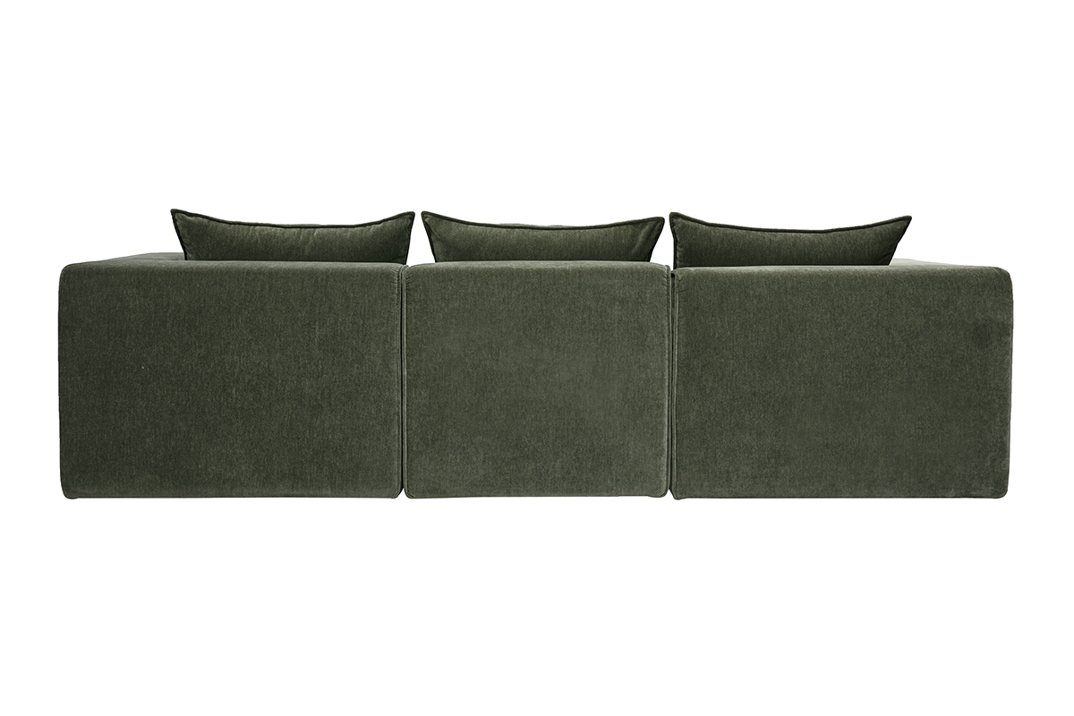 Canap� de esquina modular de 4 plazas en tejido efecto terciopelo verde caqui, vista trasera.