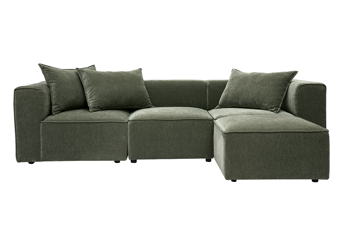Sof� rinconero modular de 4 plazas en tejido efecto terciopelo verde caqui con cojines, vista frontal