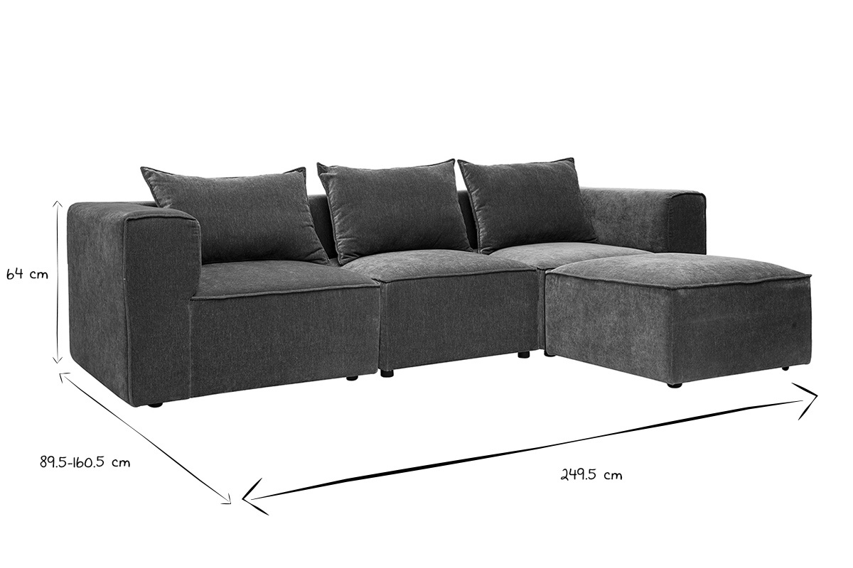 Dimensiones del sof� de esquina modular KERRY en negro y blanco, L249,5 x P89,5 x A64 cm.