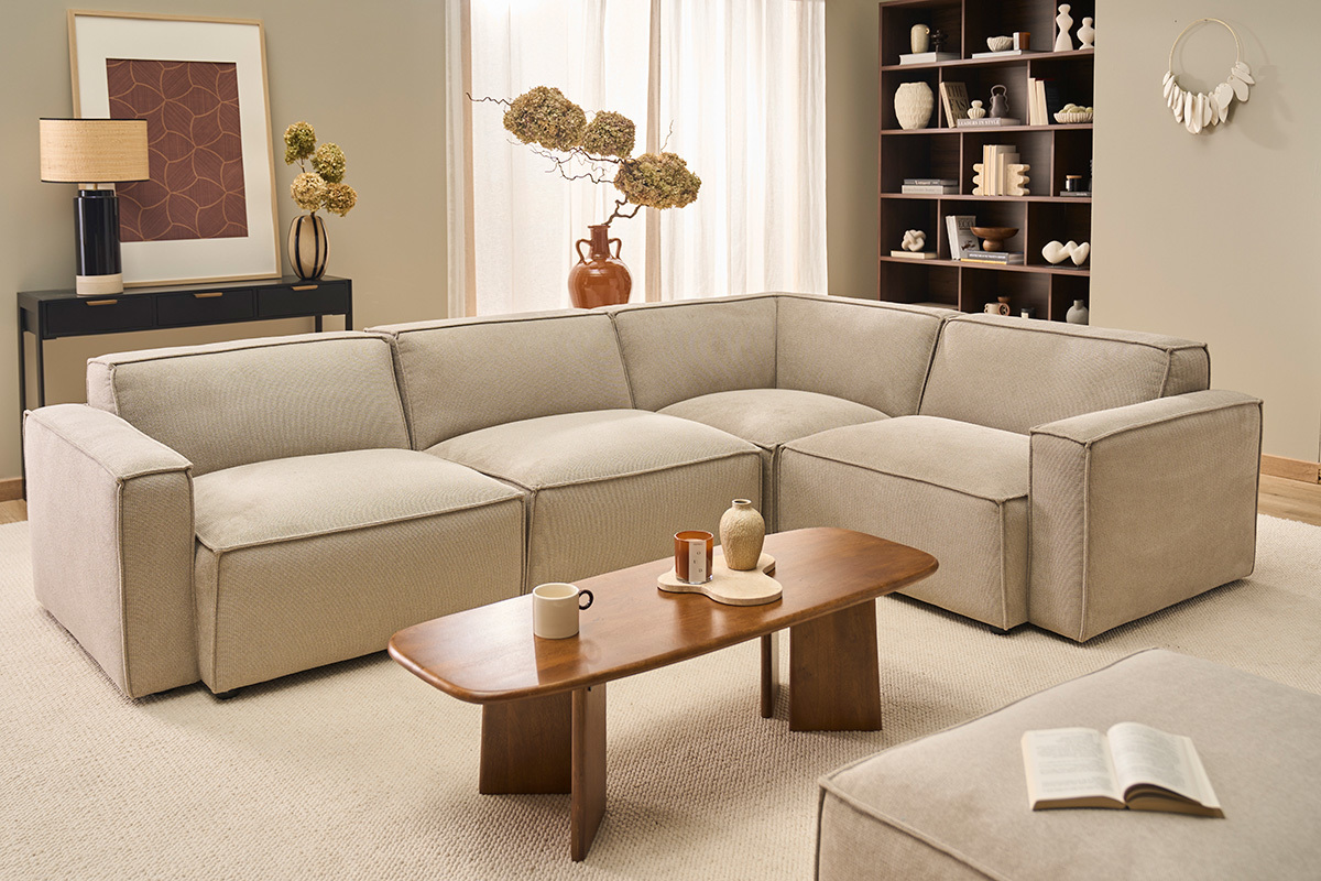 Sof� de esquina modular de 5 plazas en tela efecto terciopelo texturizado beige SPLIT