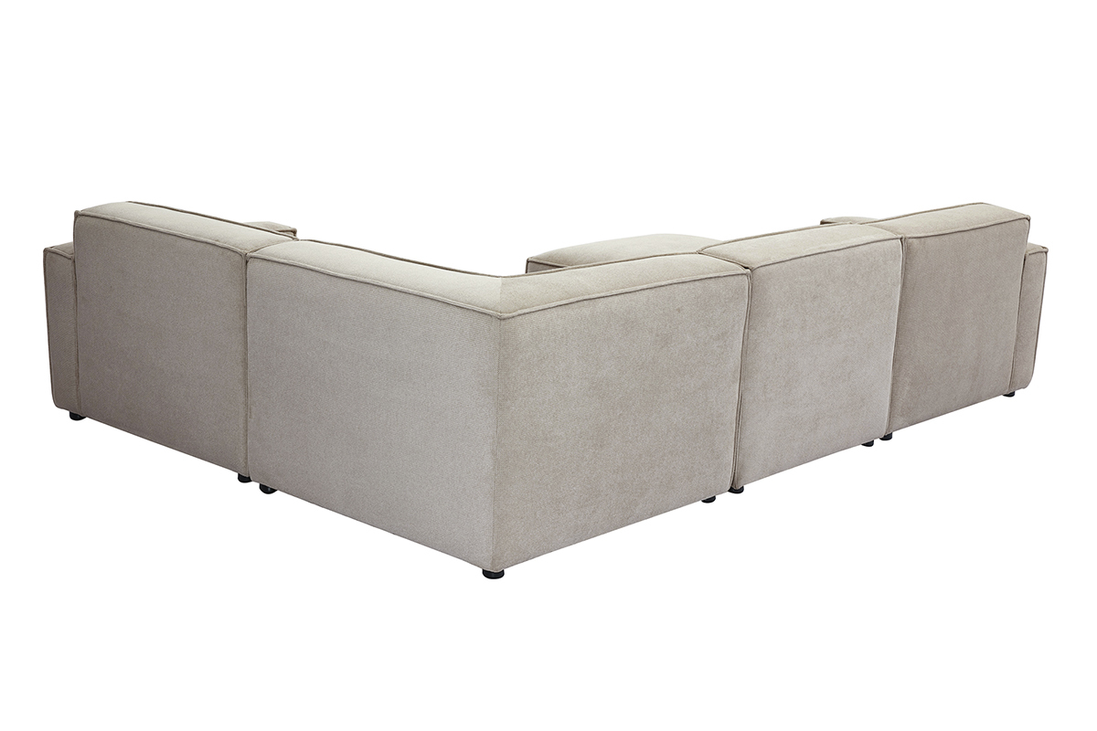 Sof de esquina modular de 5 plazas y puf en tela efecto terciopelo texturizado beige SPLIT