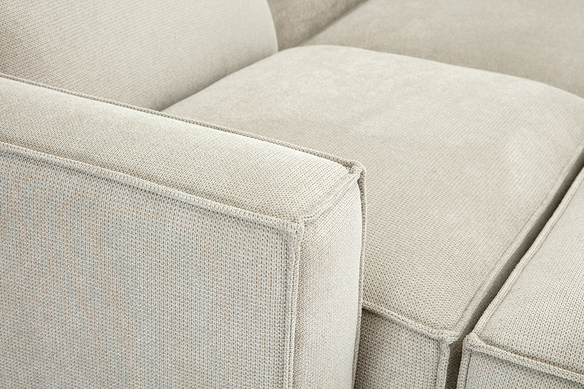 Sof de esquina modular de 5 plazas y puf en tela efecto terciopelo texturizado beige SPLIT