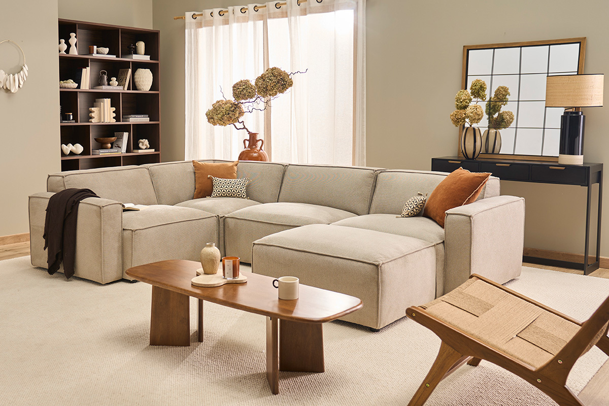 Sof� de esquina modular de 5 plazas y puf en tela efecto terciopelo texturizado beige SPLIT