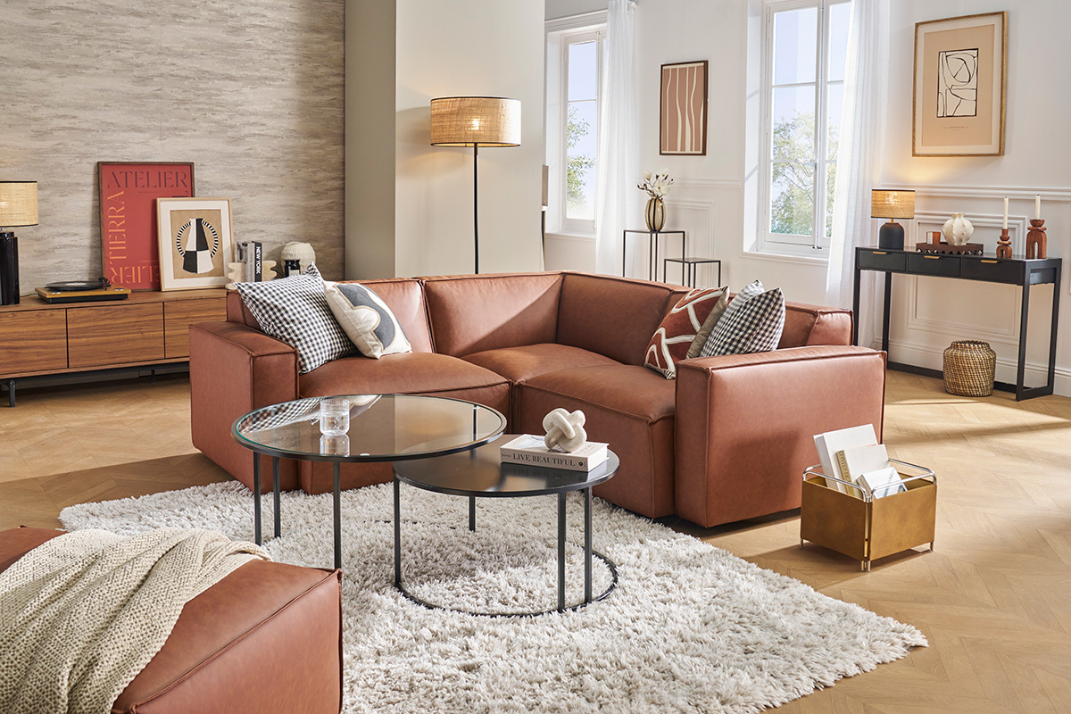 Sof de esquina modular vintage de 3 plazas en cuero marrn SPLIT