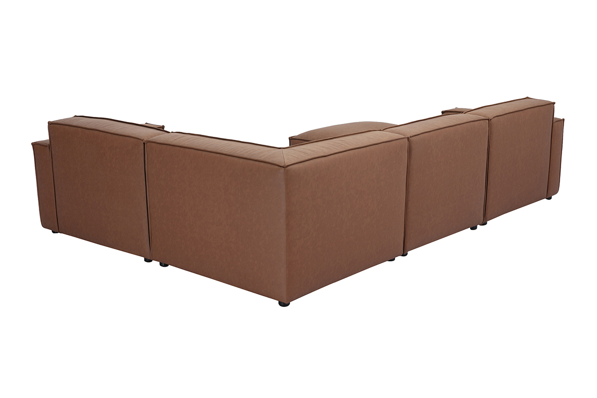 Sof de esquina vintage modular de 5 plazas y otomana de cuero marrn SPLIT