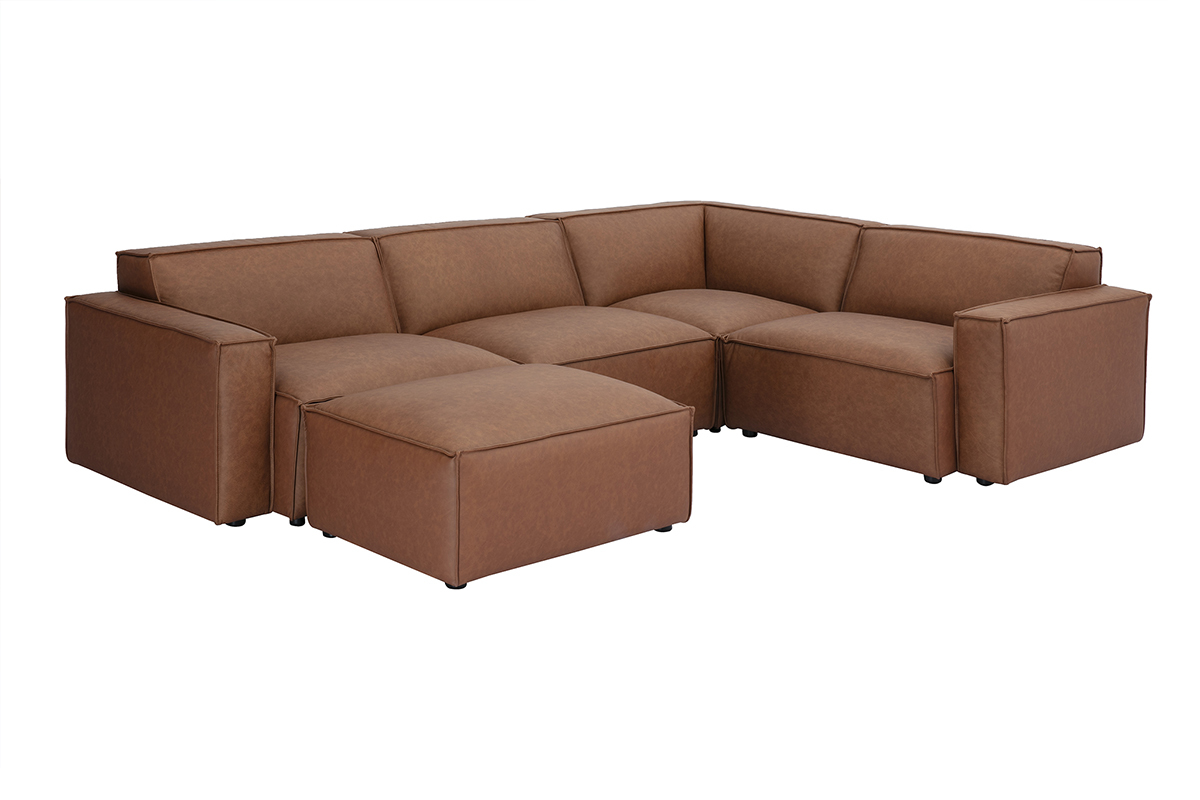 Sof de esquina vintage modular de 5 plazas y otomana de cuero marrn SPLIT