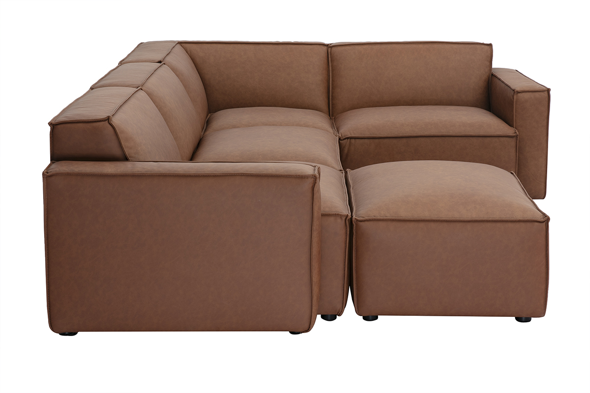 Sof de esquina vintage modular de 5 plazas y otomana de cuero marrn SPLIT