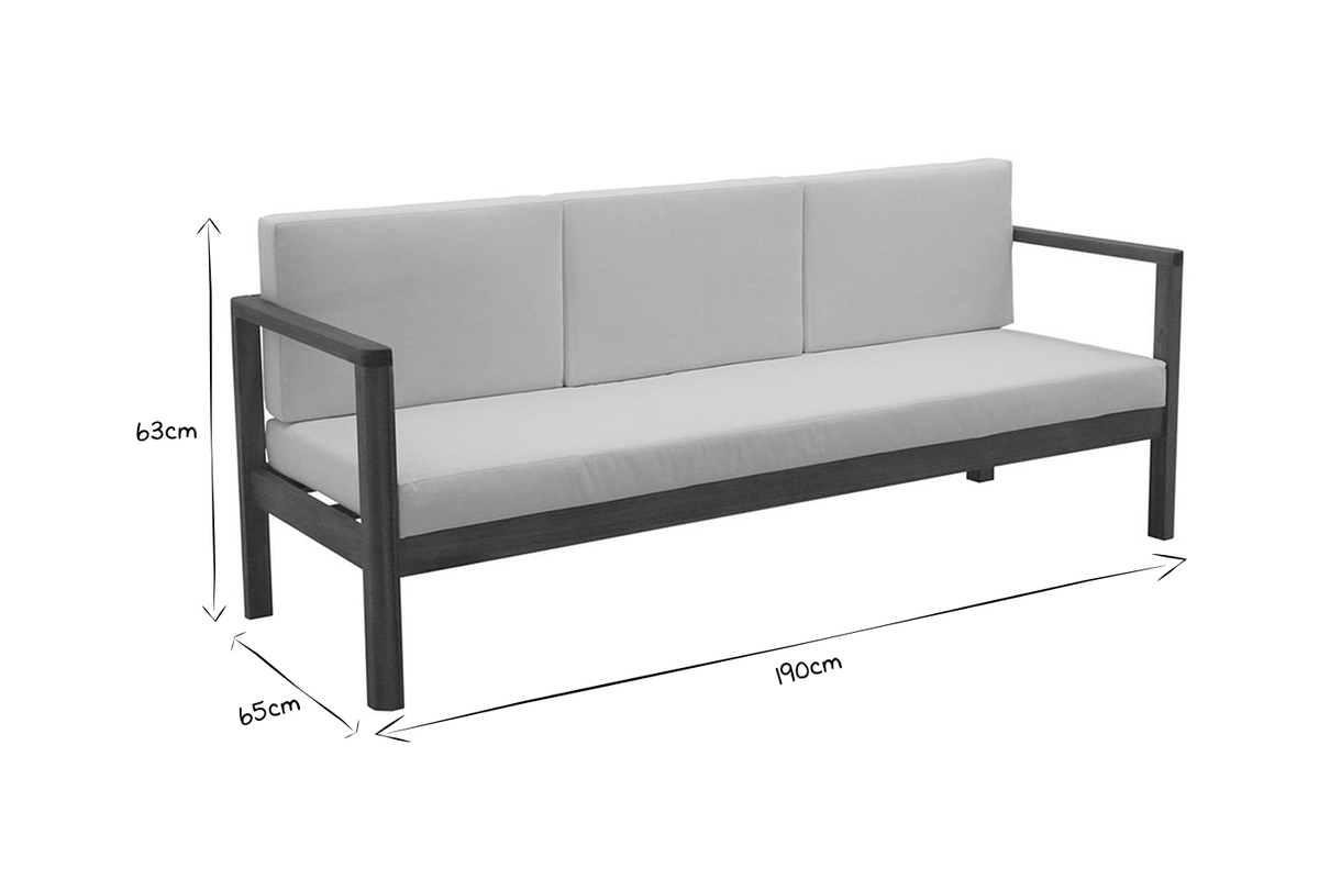 Sof de jardn 3 plazas de madera maciza con cojines desenfundables topo 190 cm AKIS