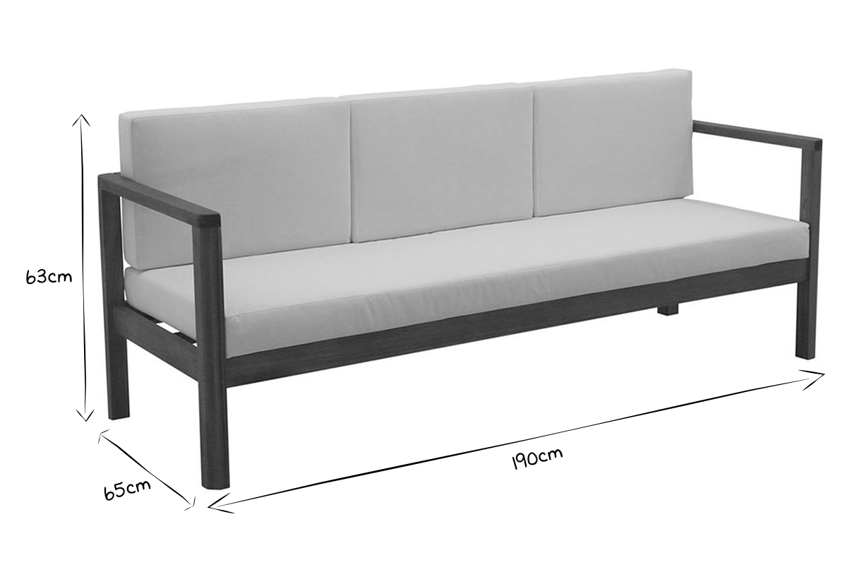 Sof de jardn de 3 plazas de madera maciza con cojines beige 190 cm AKIS