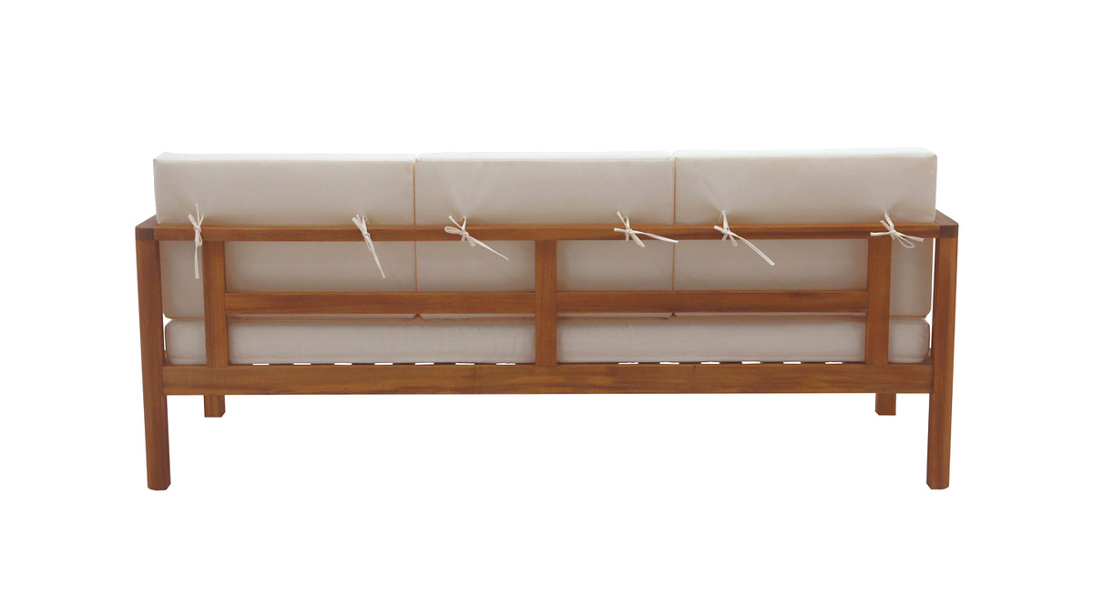 Sof de jardn de 3 plazas de madera maciza con cojines beige 190 cm AKIS
