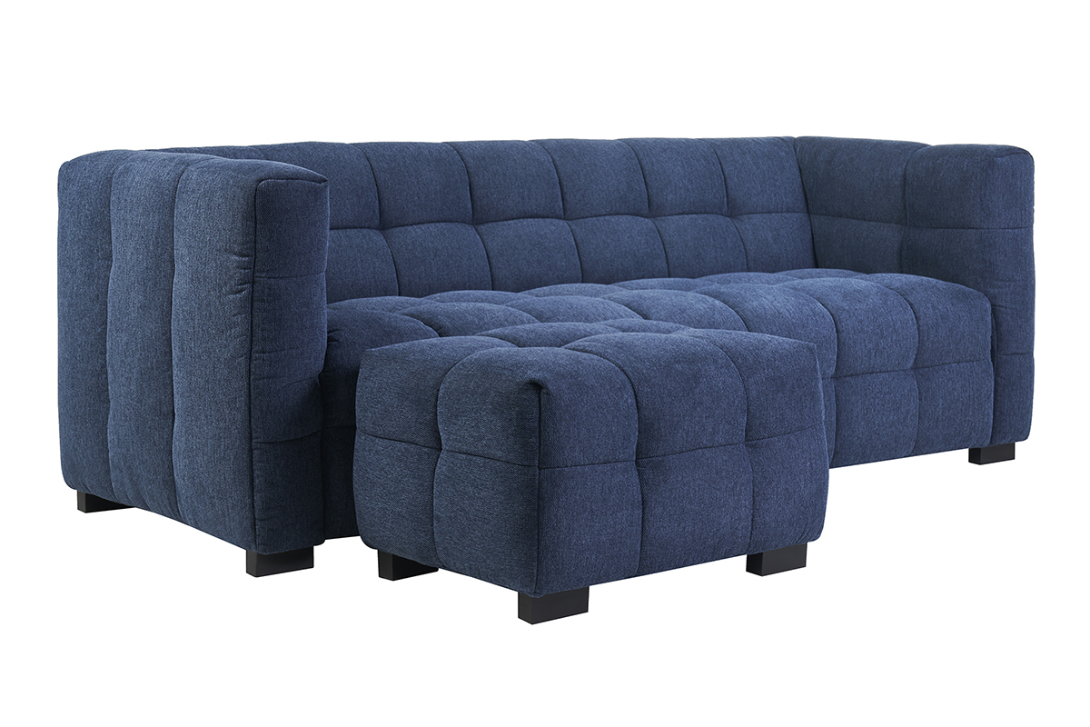 Sof diseo de 3 plazas y reposapis de terciopelo azul oscuro CORTO