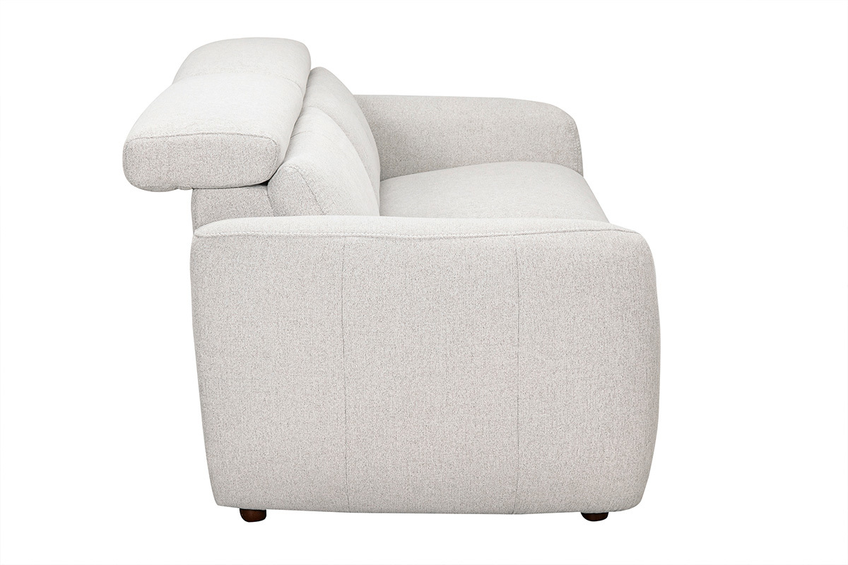 Sof� el�ctrico beige, vista de perfil con reposacabezas ajustables y reposapi�s, tejido con efecto terciopelo texturizado.