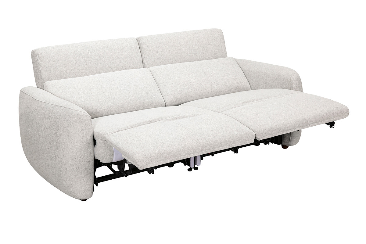 Sof� el�ctrico de 3 plazas beige con reposacabezas ajustables y reposapi�s desplegados