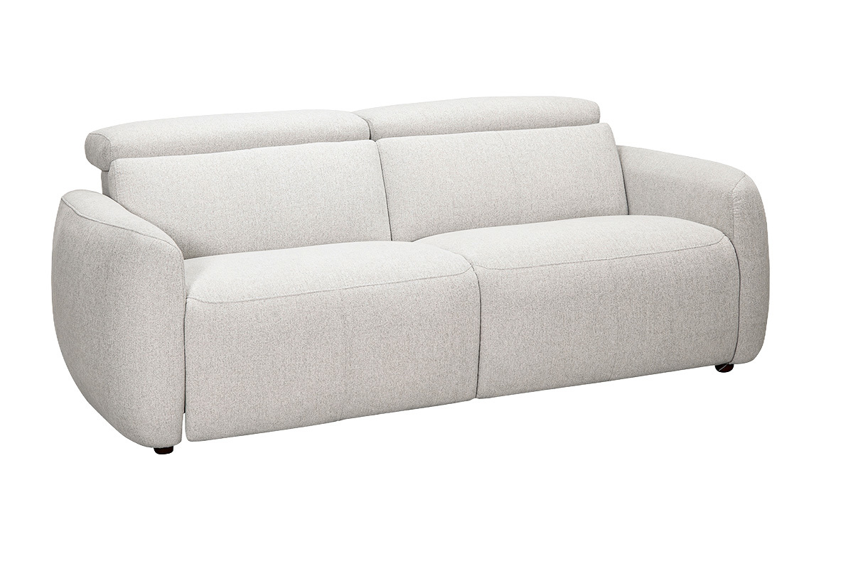 Sof� el�ctrico de 3 plazas beige con reposacabezas ajustables, vista de 3/4