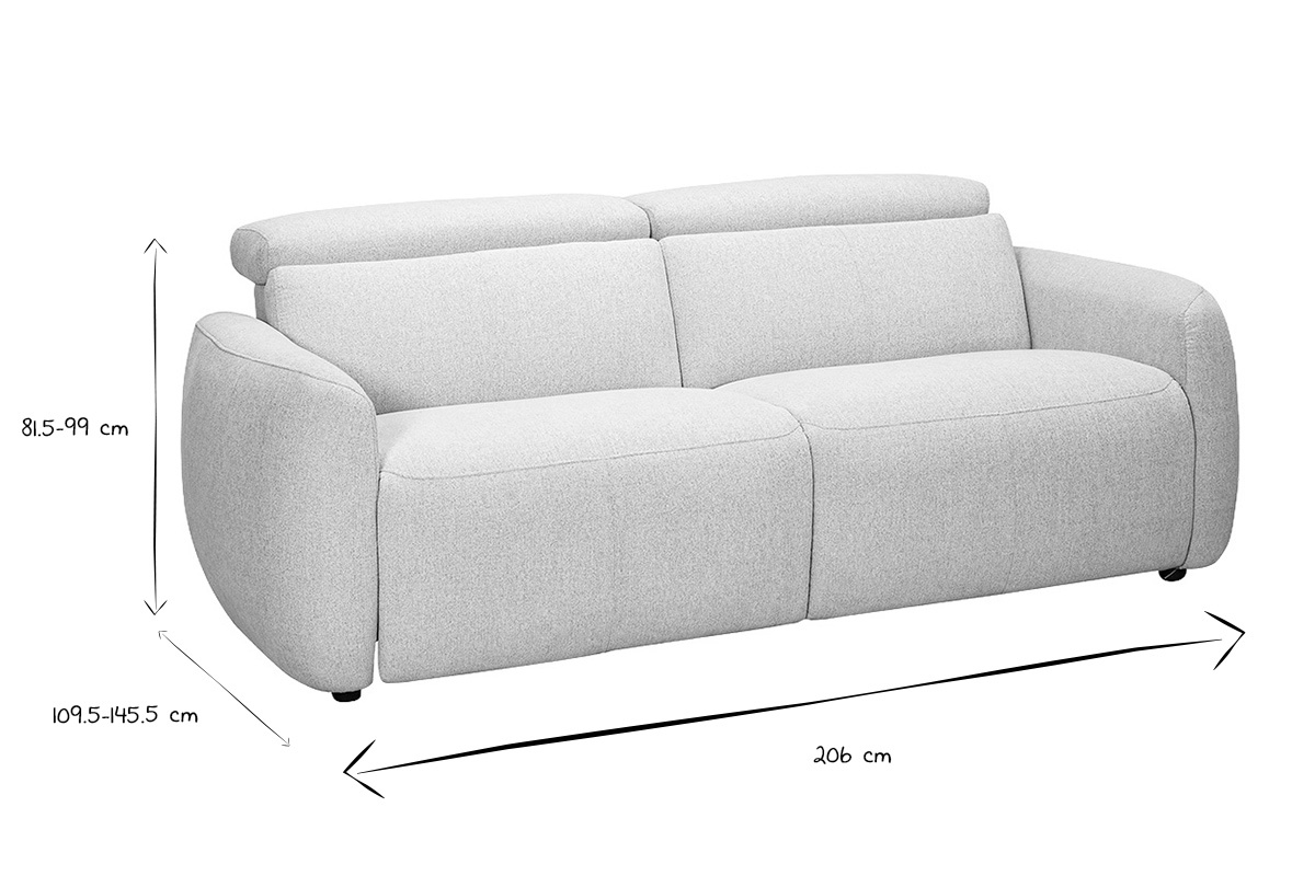 Dimensiones del sof� el�ctrico de 3 plazas MORZINE en negro y blanco, L206 x P109,5-145,5 x H81,5-99 cm.