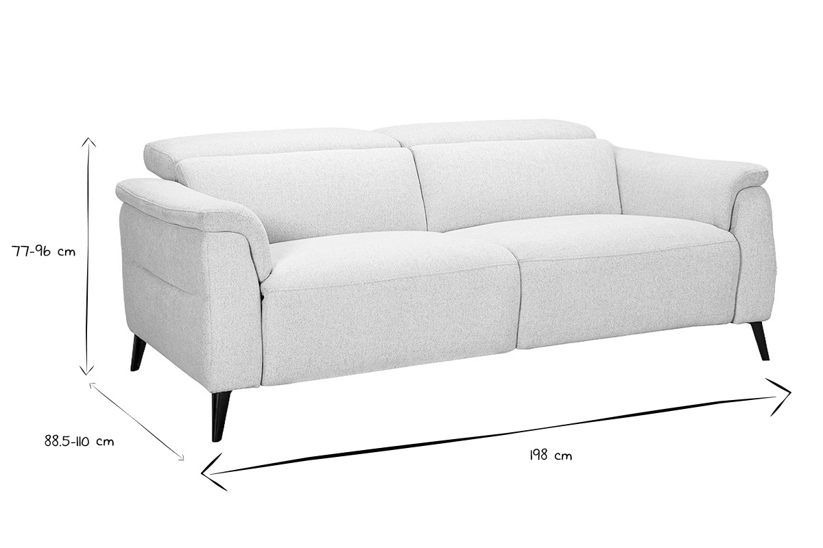 Dimensiones del sof� el�ctrico de 3 plazas, 77-96 cm de alto, 88,5-110 cm de profundidad, 198 cm de ancho en blanco y negro.