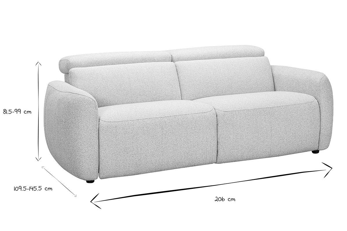 Dimensiones del sof� el�ctrico de 3 plazas en negro y blanco, L206 x P109,5-145,5 x H81,5-99 cm.