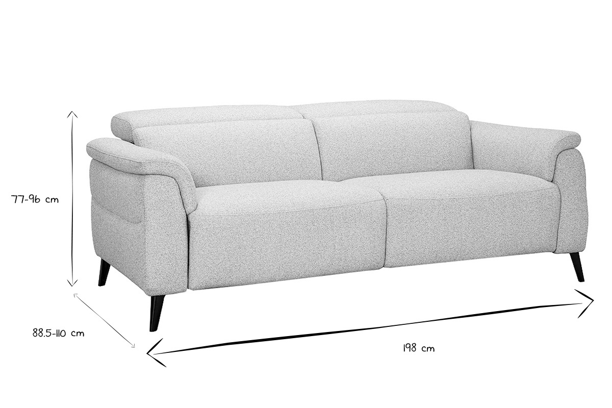 Dimensiones del sof� el�ctrico de 3 plazas VERBIER en blanco y negro, altura 77-96 cm, profundidad 88,5-110 cm, ancho 198 cm.
