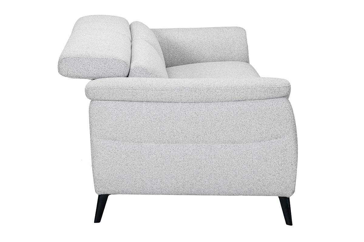 Sof� el�ctrico de 3 plazas gris claro con reposacabezas ajustables, vista lateral.