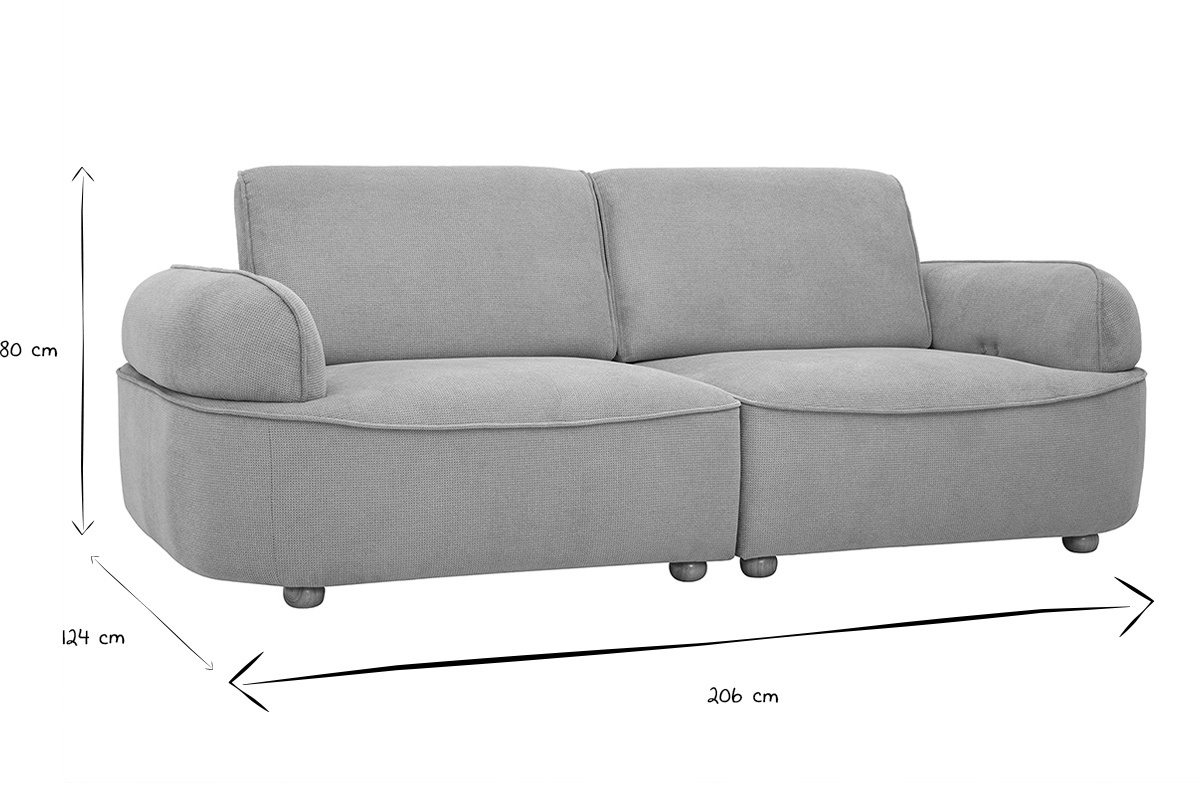 Dimensiones del sof� de 3 plazas OTIS: 206 cm de largo, 124 cm de profundidad, 80 cm de altura, en negro y blanco.