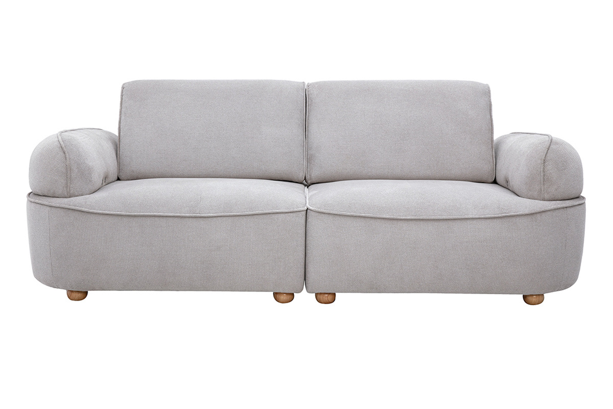 Sof� el�ctrico de 3 plazas en tejido chenilla gris, vista frontal, patas de madera clara.