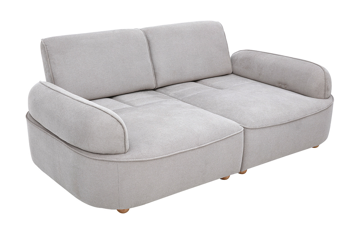 Sof� el�ctrico de 3 plazas en tejido chenilla gris y madera clara OTIS, vista en tres cuartos