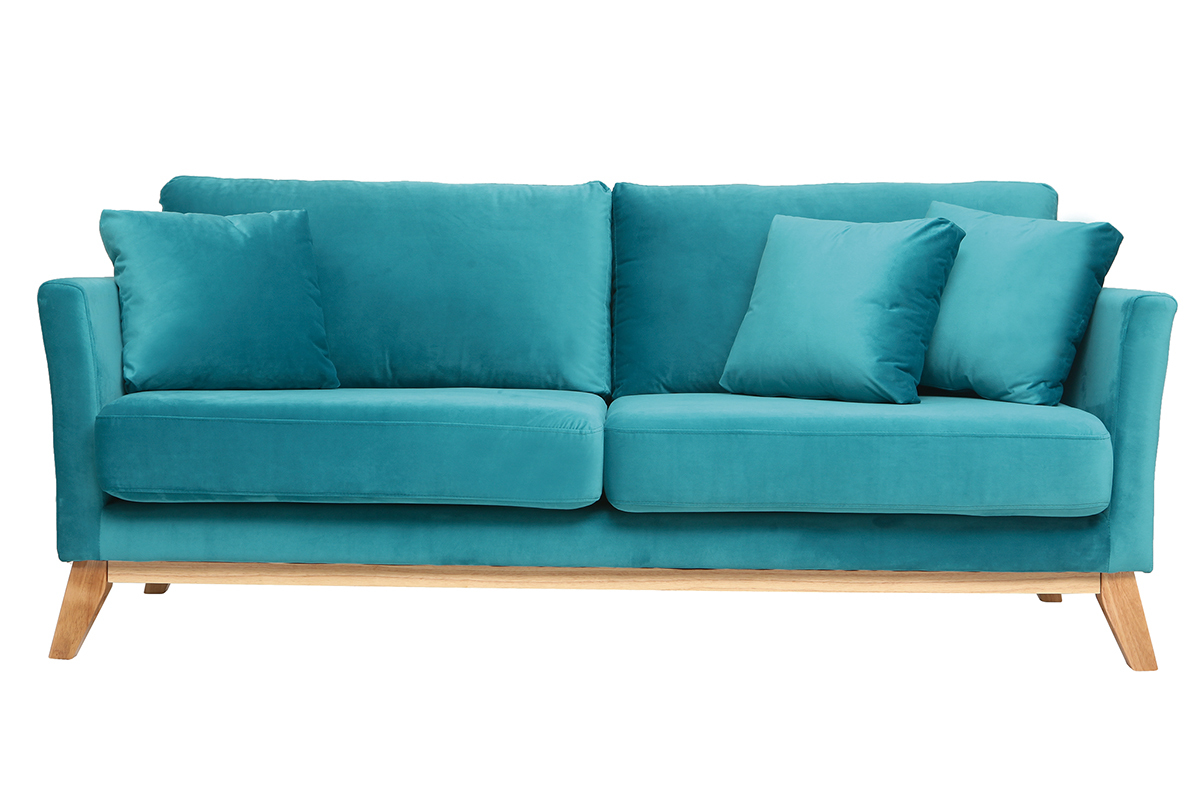 Sof� escandinavo 3 plazas terciopelo turquesa patas madera OSLO