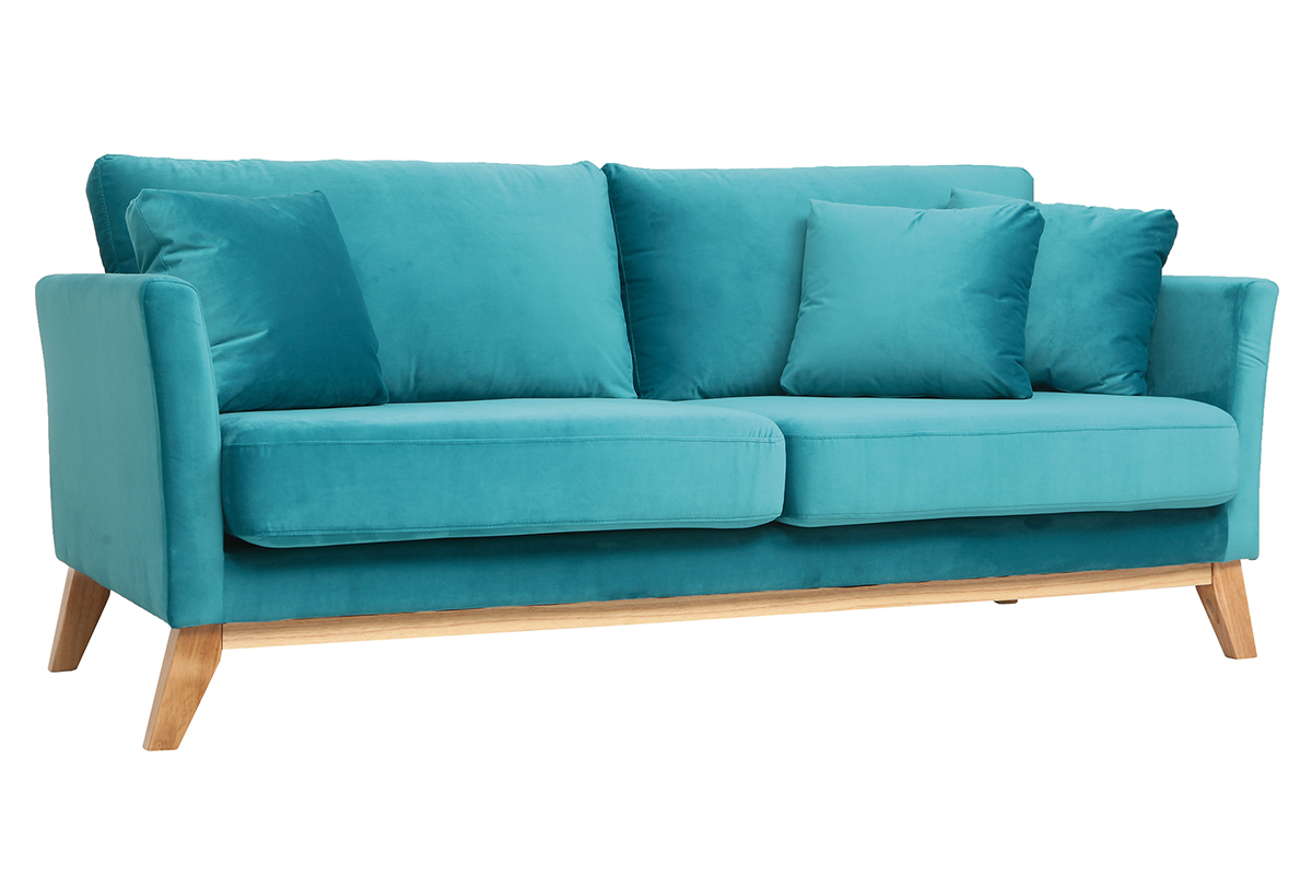 Sof� escandinavo 3 plazas terciopelo turquesa patas madera OSLO