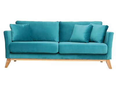 Sof&aacute; escandinavo 3 plazas terciopelo turquesa patas madera OSLO