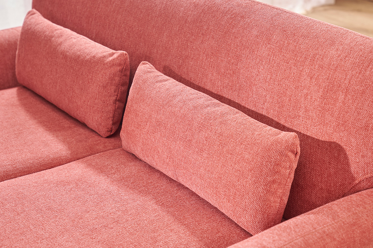 Sof� escandinavo YOKO de 2 plazas en tela efecto terciopelo terracota, vista desde arriba.