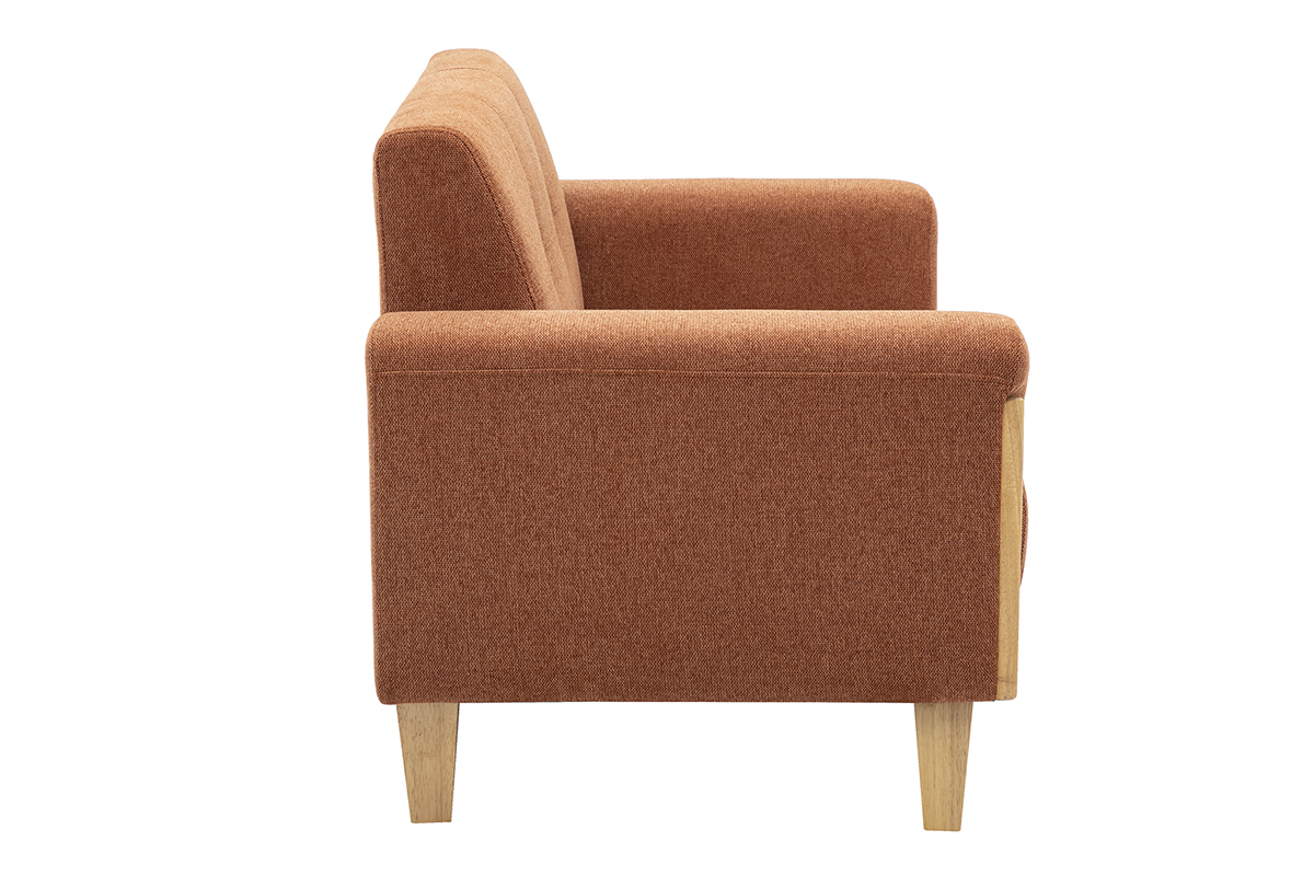 Sof� escandinavo de 2 plazas en tejido con efecto terciopelo color tierra quemada, vista de perfil, patas de madera clara.