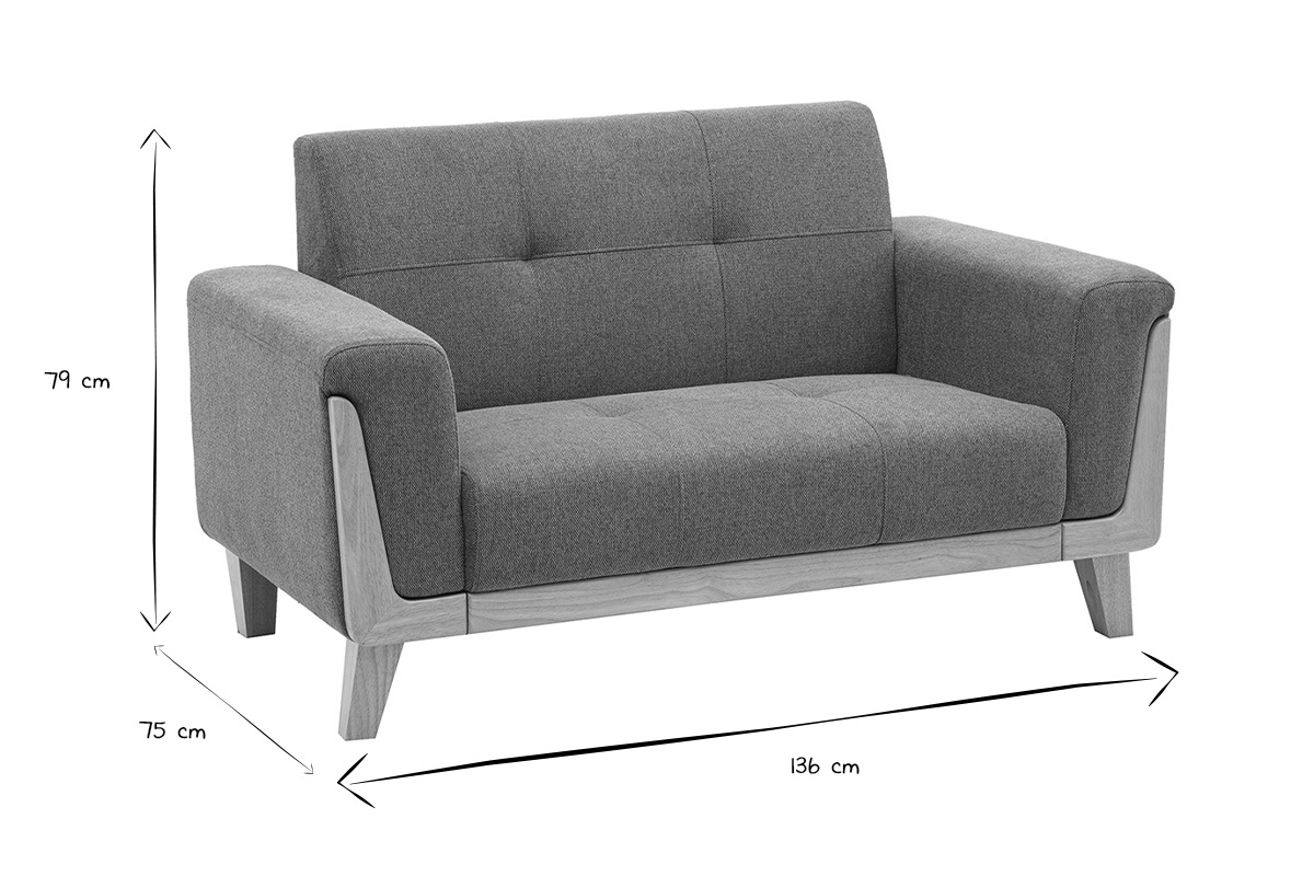 Dimensiones del sof� escandinavo de 2 plazas: L136 x P75 x H79 cm en negro y blanco.