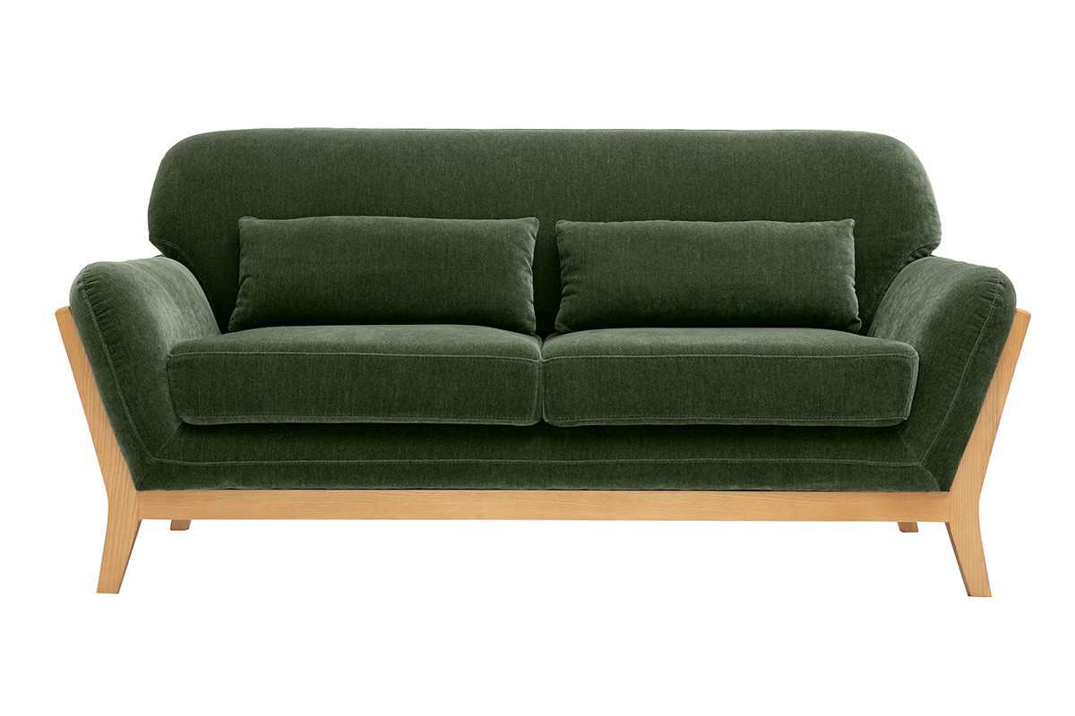 Canap� escandinavo de 2 plazas en tejido efecto terciopelo verde caqui con madera clara, vista frontal.