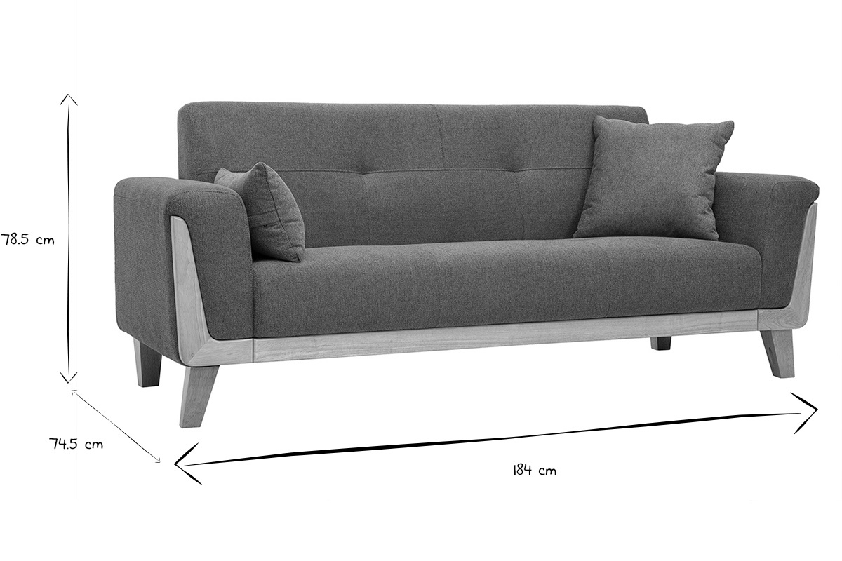 Dimensiones del sof� escandinavo de 3 plazas: L184 x P74.5 x H78.5 cm en negro y blanco.