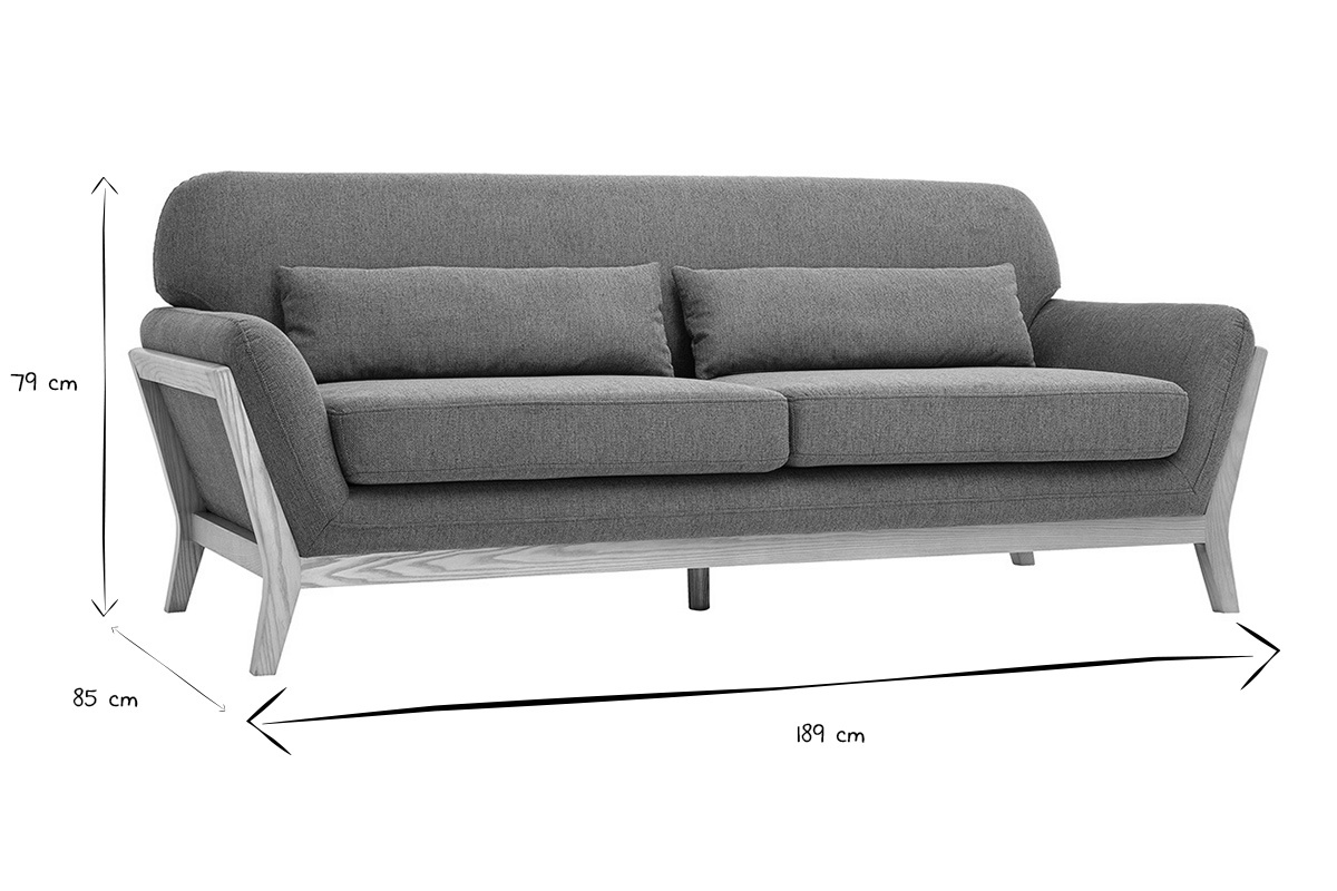 Dimensiones del sof� escandinavo de 3 plazas: L189 x P85 x H79 cm en negro y blanco.
