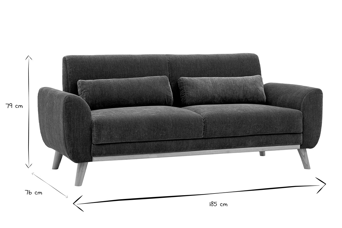Dimensiones del sof� escandinavo de 3 plazas en blanco y negro: 185 cm de ancho, 76 cm de profundidad, 79 cm de altura